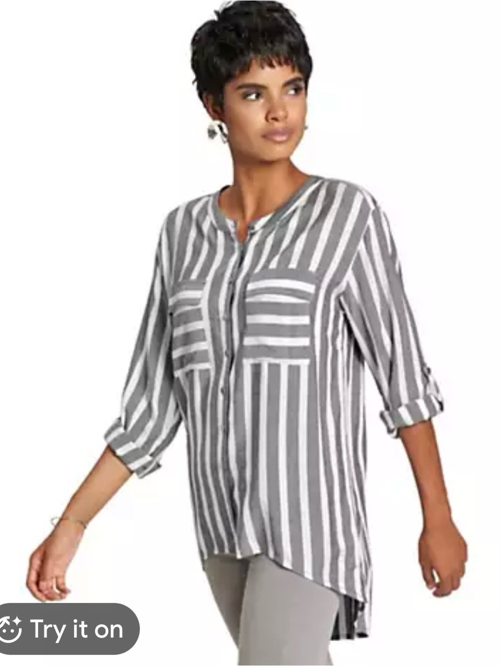 a.n.a Gray/Blue  and White Vertical Stripe Button-Down Tunic